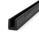 Black EPDM U-channel trim profile coiled, angled view of square-ended groove