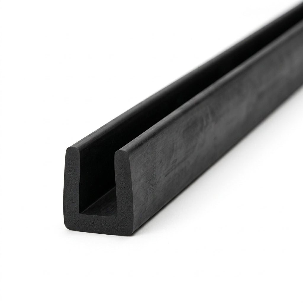 Black EPDM U-channel trim profile coiled, angled view of square-ended groove