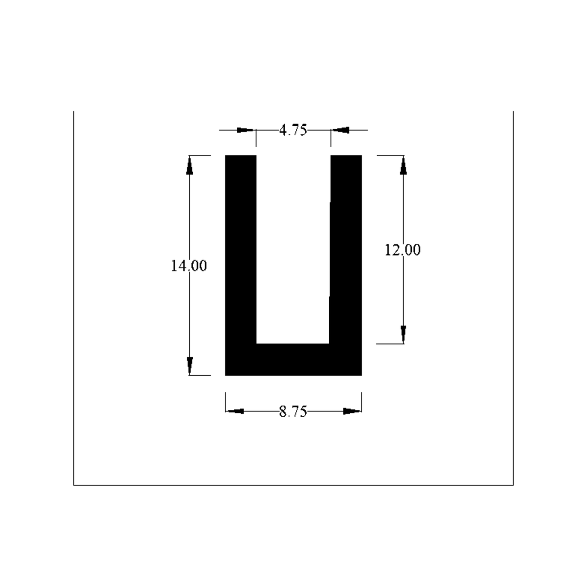 Cross-section diagram of U-channel trim, 14.00mm high x 8.75mm wide dimensions shown