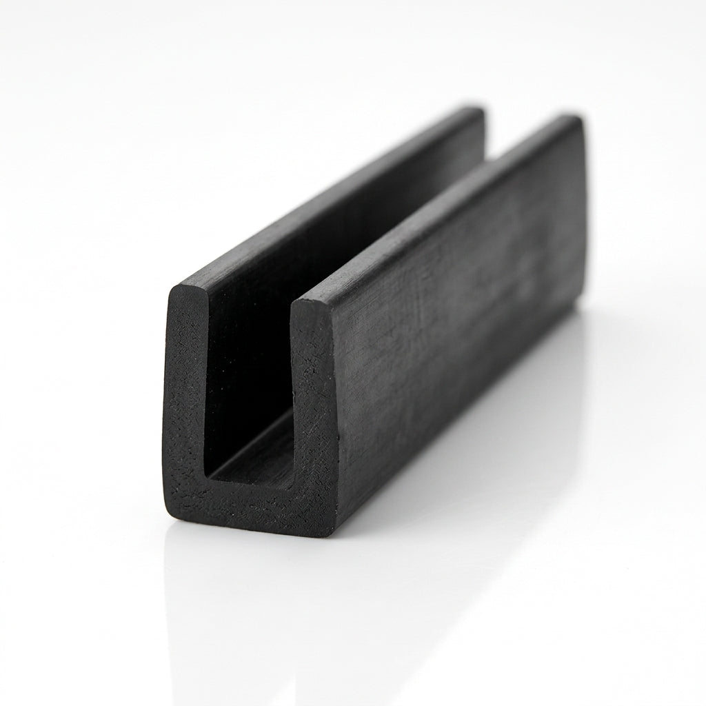 Black EPDM U-channel profile standing upright, plain white background shot of square-ended block