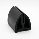 Black EPDM U-channel seal standing upright, winged profile with forked central groove
