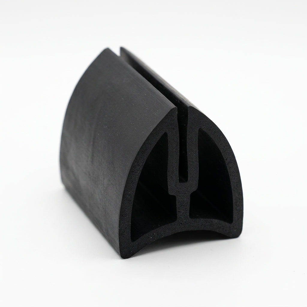 Black EPDM U-channel seal standing upright, winged profile with forked central groove