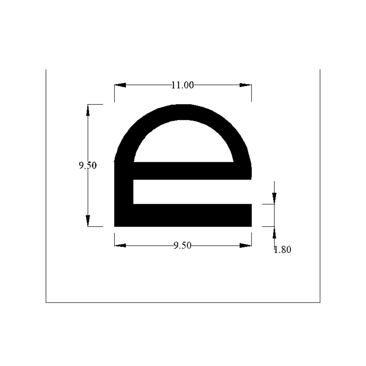 Cross-section diagram of a hollow D-section seal on a barbed rectangular base, dimensions labelled.