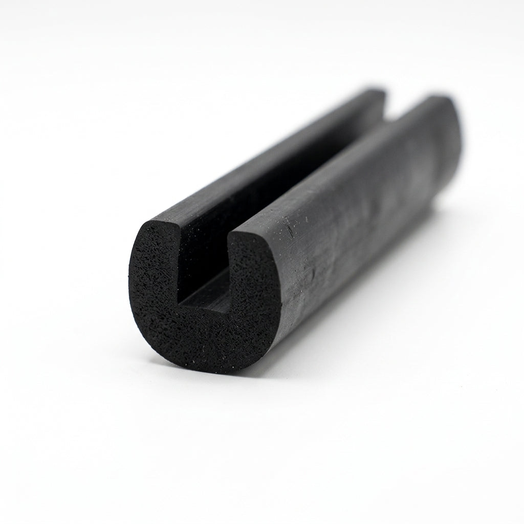 Black EPDM edge trim profile coiled, close-up end-on view of rounded U-shaped groove