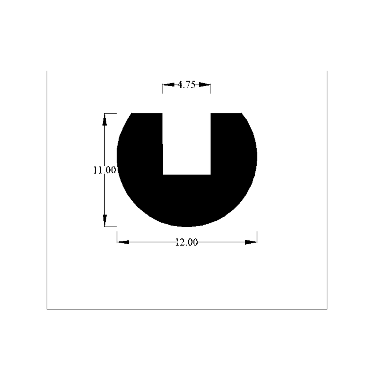 Cross-section diagram of rounded edge trim channel, 12.00mm wide x 11.00mm high dimensions shown