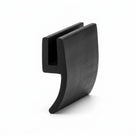 Black EPDM square channel with flange, standing comma-shaped profile on white background