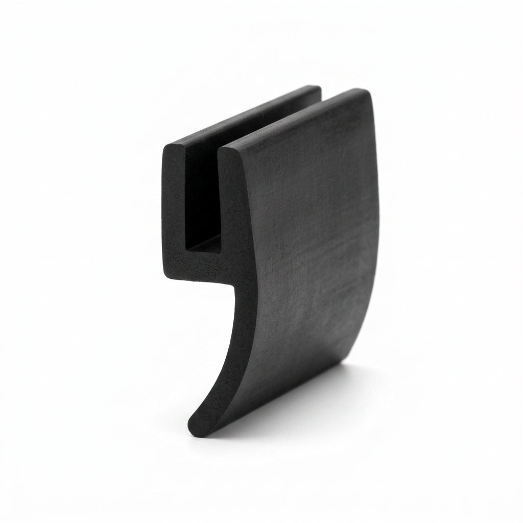 Black EPDM square channel with flange, standing comma-shaped profile on white background