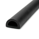 Coiled length of black rubber D-section profile with hollow half-round bore