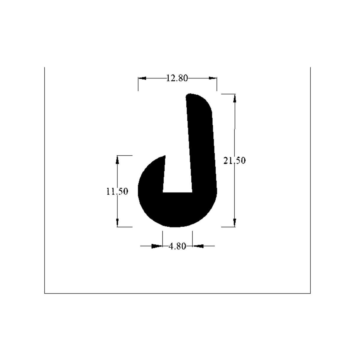 Cross-section diagram of hook-profile U-channel with dimensions 12.80mm x 21.50mm marked