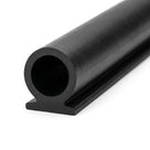 Angled studio shot of black EPDM seal with round hollow bulb on a flat base.