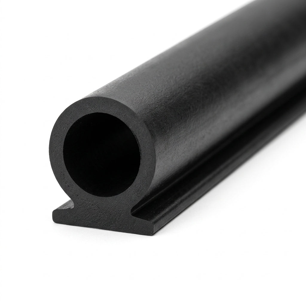 Angled studio shot of black EPDM seal with round hollow bulb on a flat base.