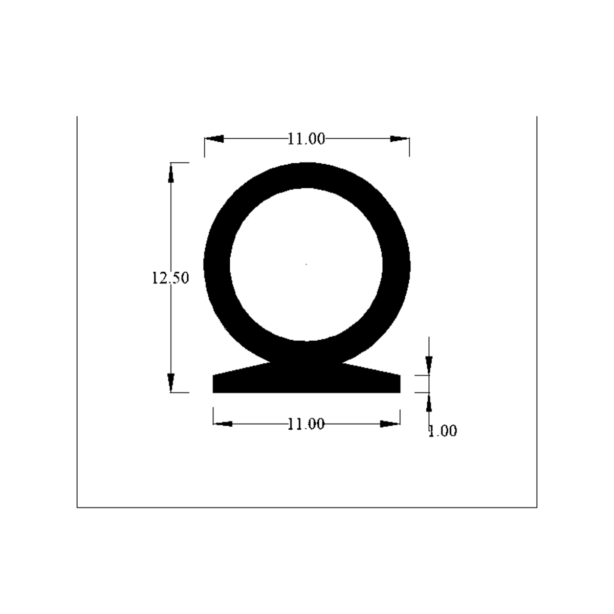 Cross-section diagram of a round hollow bulb seal on a flat base, dimensions labelled.