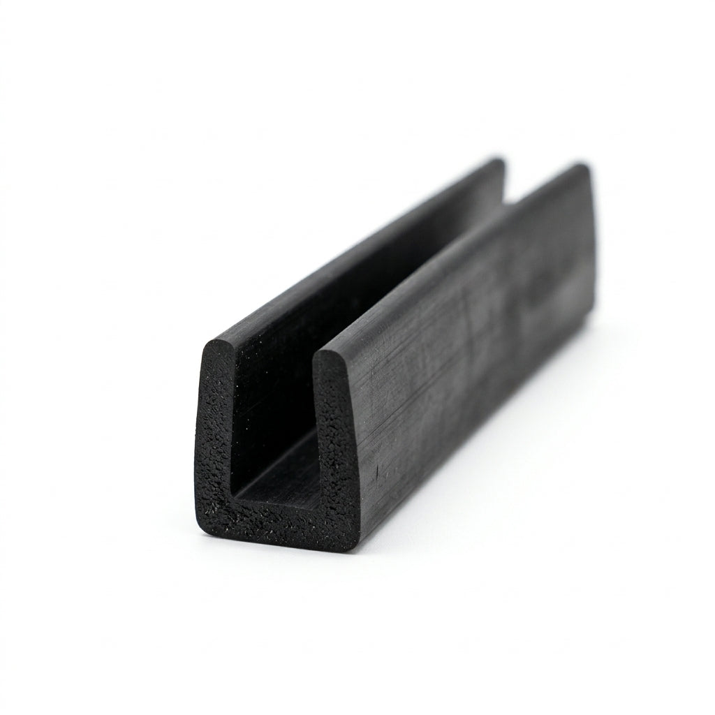 Black EPDM U-channel profile coiled, angled view of square-ended groove