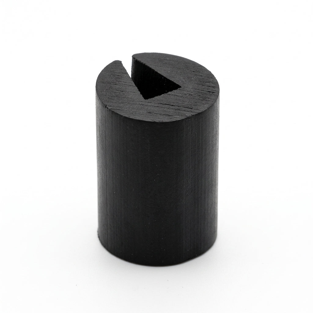 Black EPDM U-channel round profile, end-on view of cylindrical section with V-shaped notch