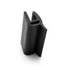 Black EPDM glazing channel profile standing upright, forked cross-section on white background