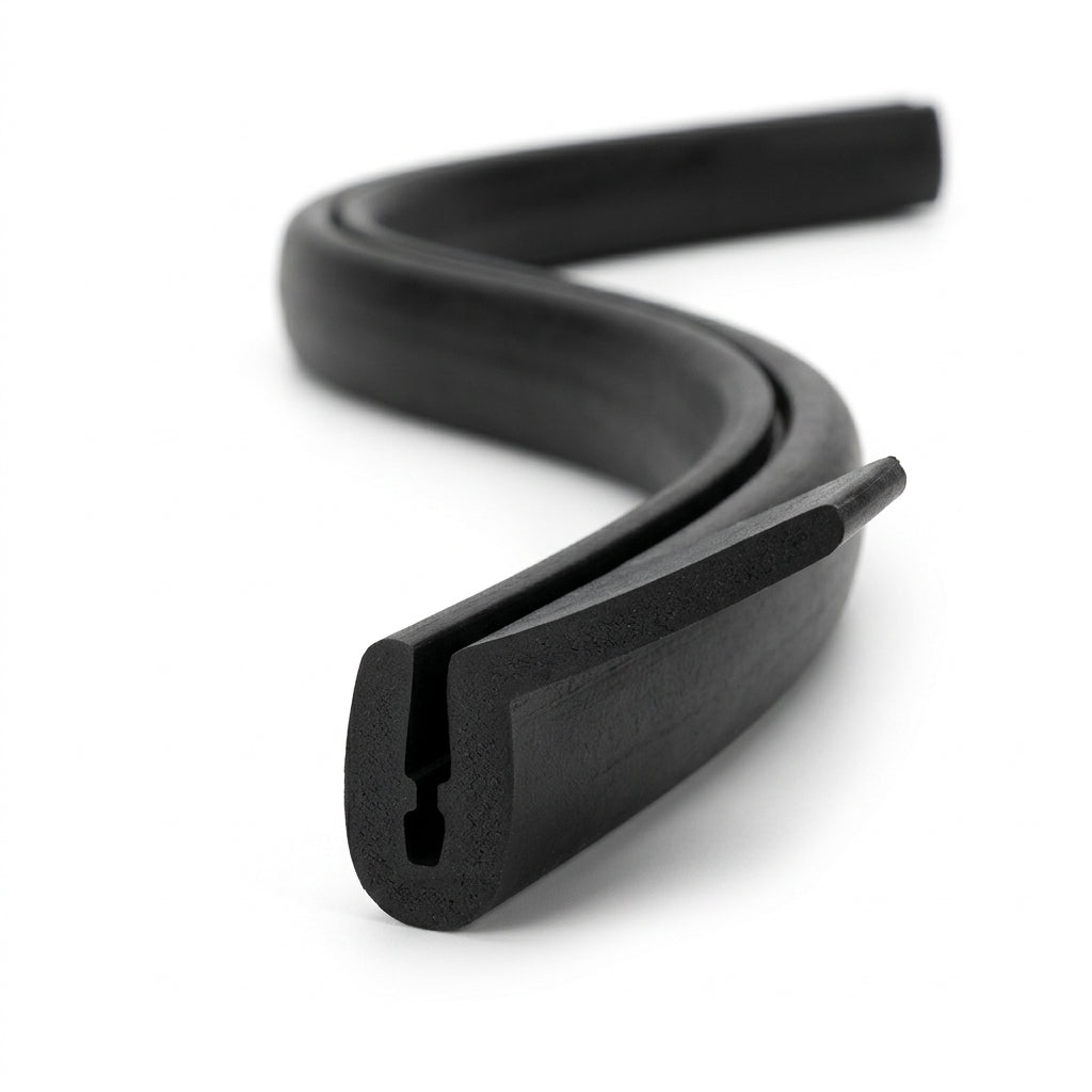 Black EPDM channel section shown as S-curved coiled length, extending tail profile visible