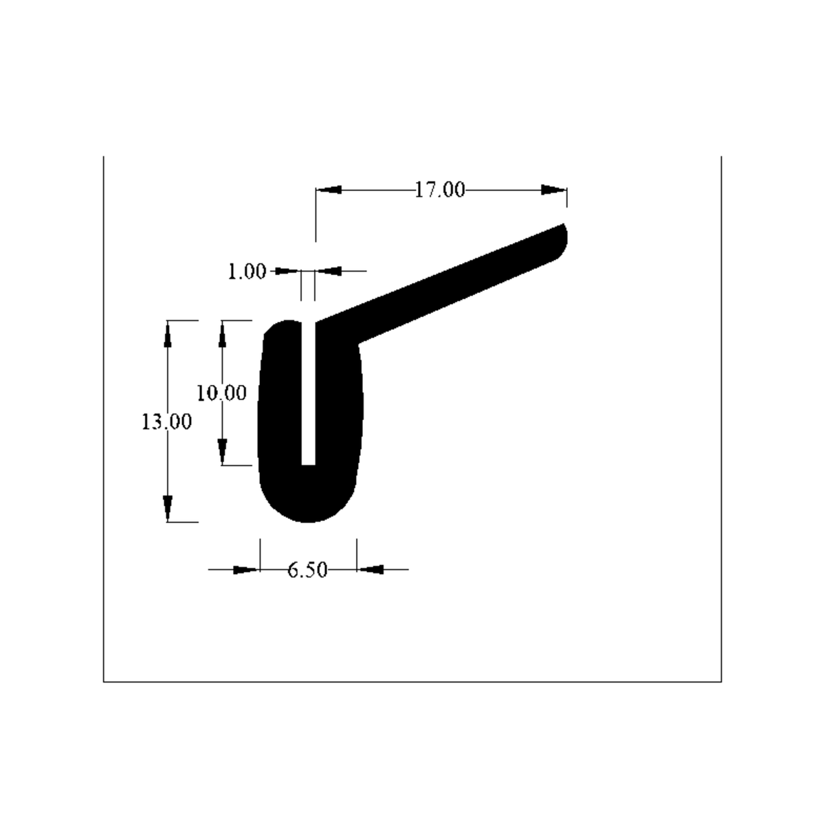 Cross-section diagram of EPDM channel section with side tail, height 13.00mm marked