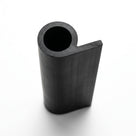 Straight-on view of black rubber hollow piping with curled lip and wide skirt