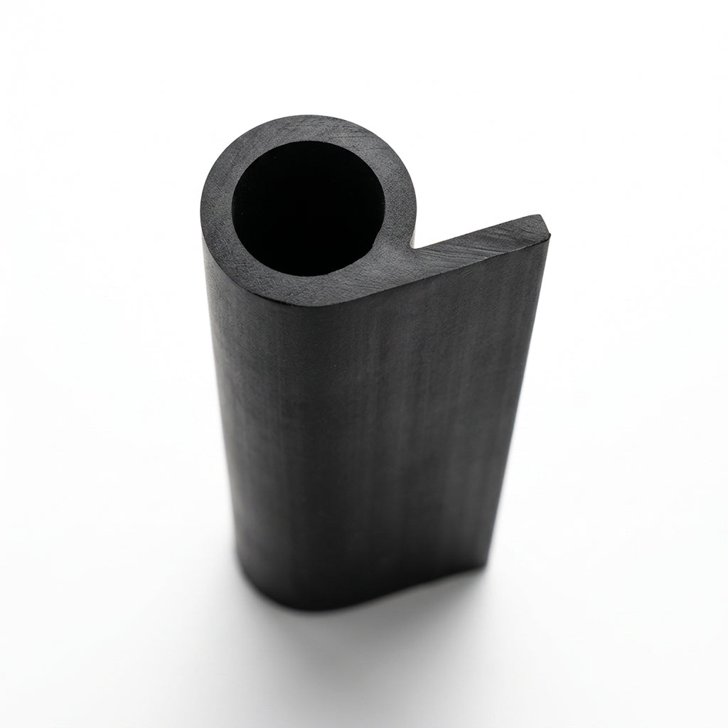 Straight-on view of black rubber hollow piping with curled lip and wide skirt