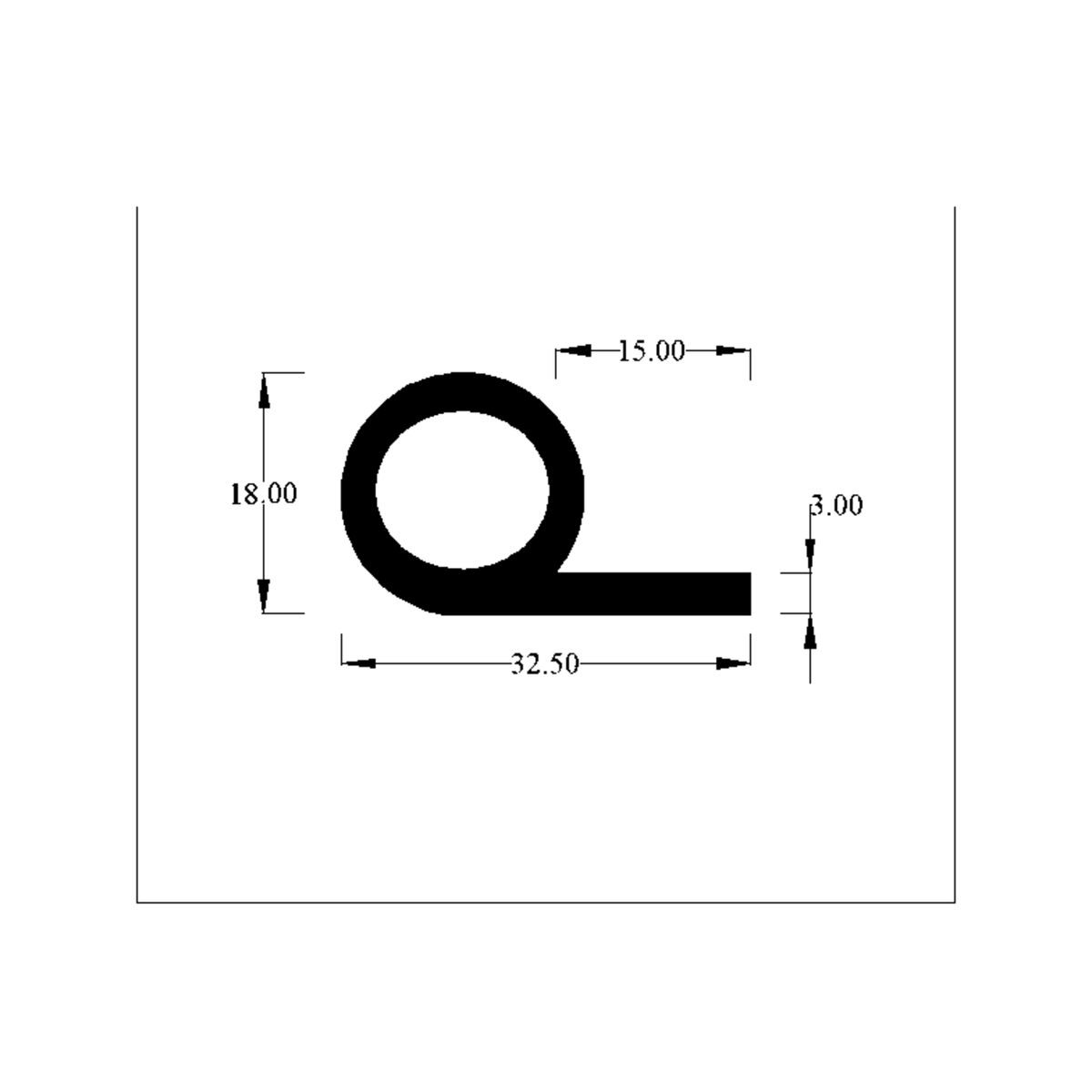 Cross-section diagram of hollow piping, 32.50mm x 18.00mm, tail 3.00mm