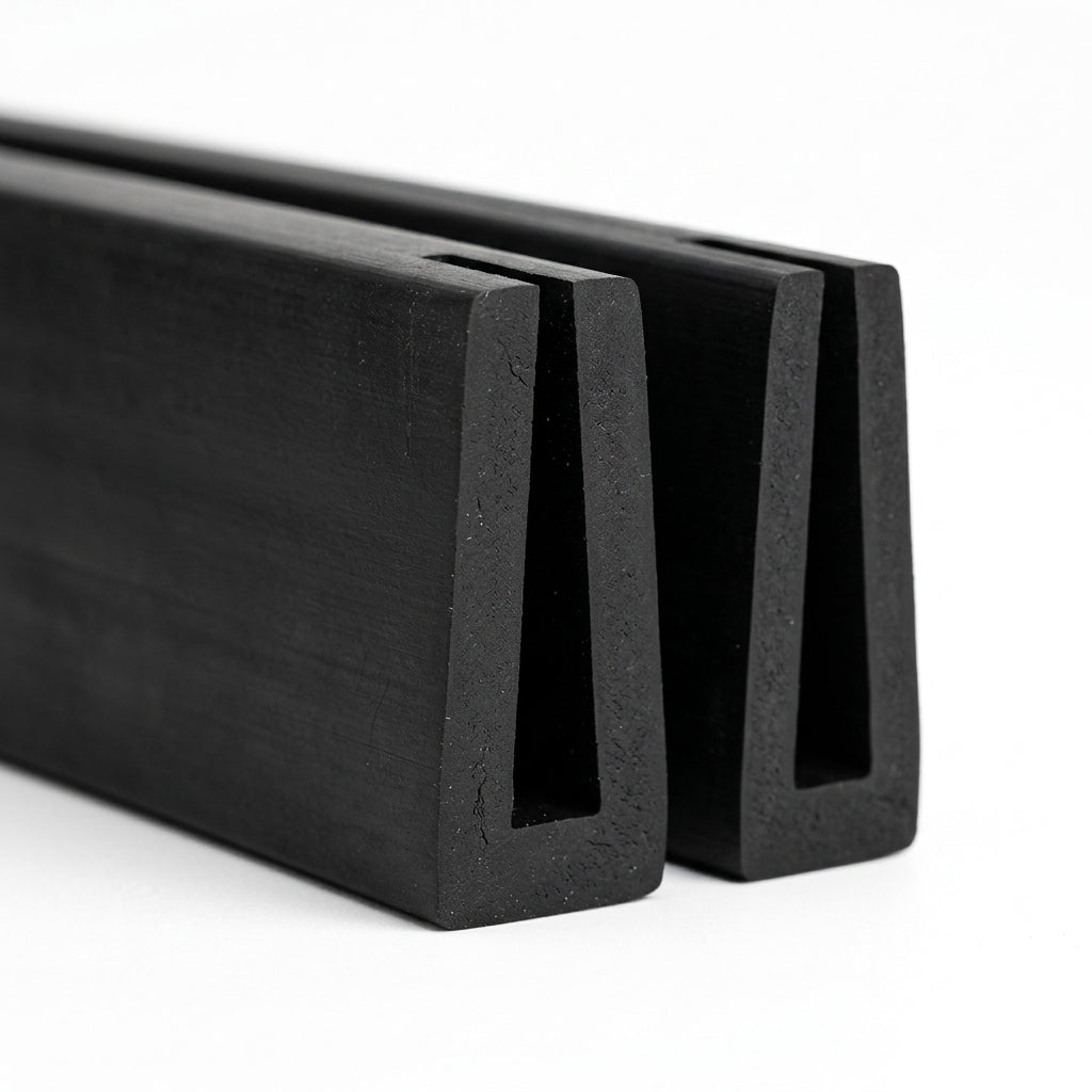 Black EPDM U-channel profile pieces, end-on view of tapered square-ended groove