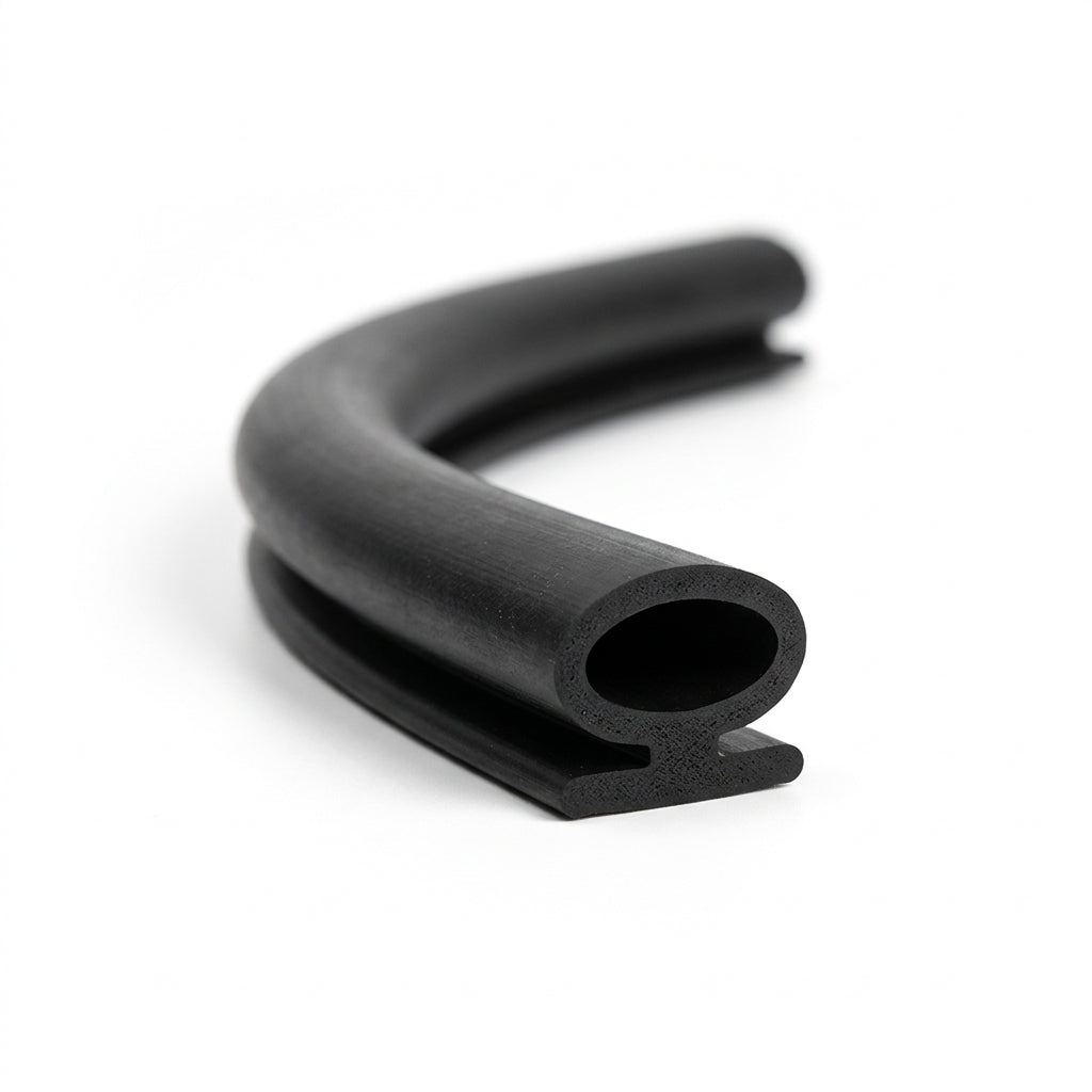 Coiled black rubber bulb door seal with slotted foot, curved end-on view