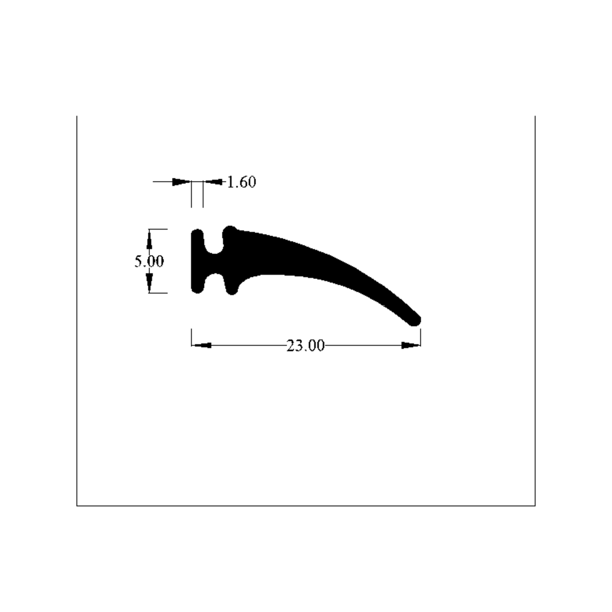 Cross-section diagram of T section with side slots and printed mm dimensions