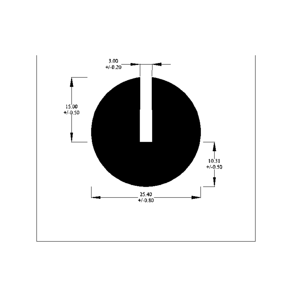 Cross-section diagram of round U-channel profile, 25.40mm diameter with 15.00mm slot depth marked