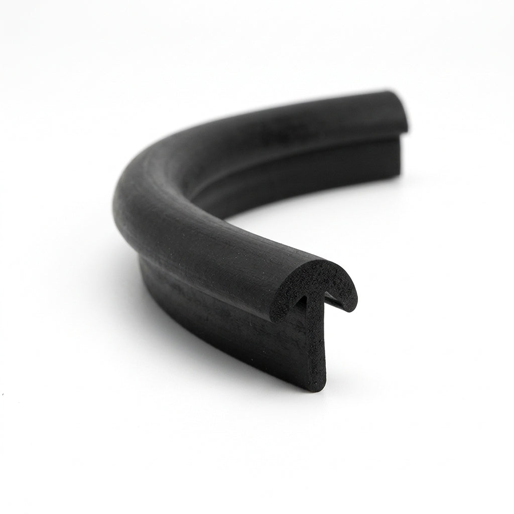 Curved length of black solid neoprene T-section, showing the barbed retaining foot at the cut end