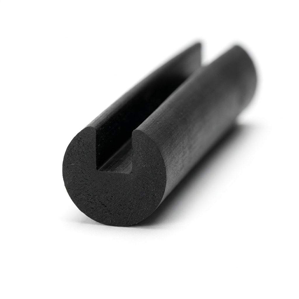Black EPDM edge trim profile coiled, close-up end-on view of rounded groove