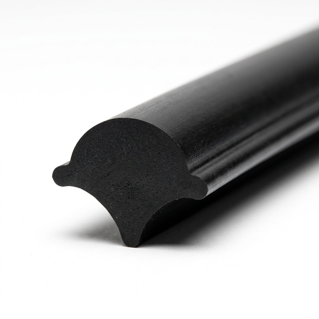 Black rubber locking strip with scalloped cap, angled length shot on white background