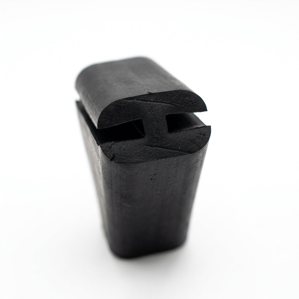 Black EPDM double channel section, end-on view showing H-shaped twin-groove profile