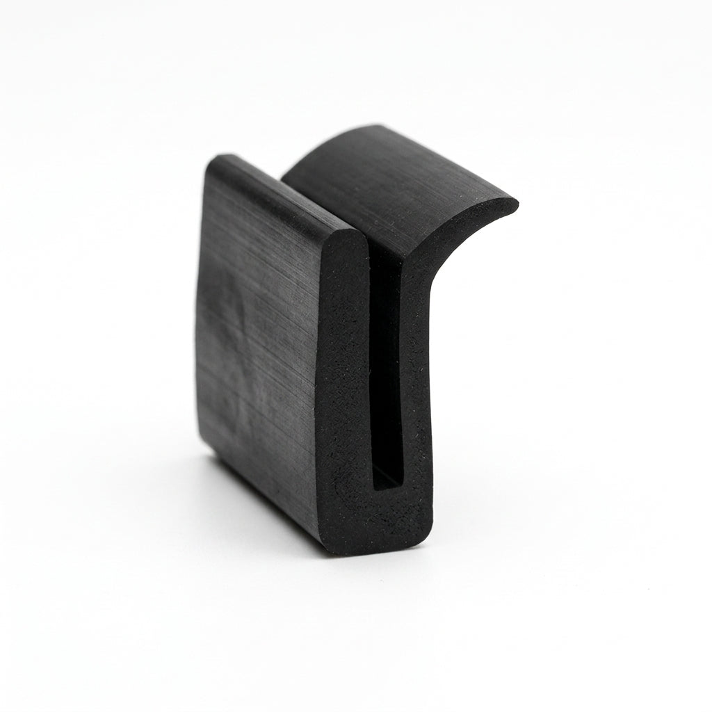 Black EPDM channel with flange, plain white background shot of curved profile standing upright