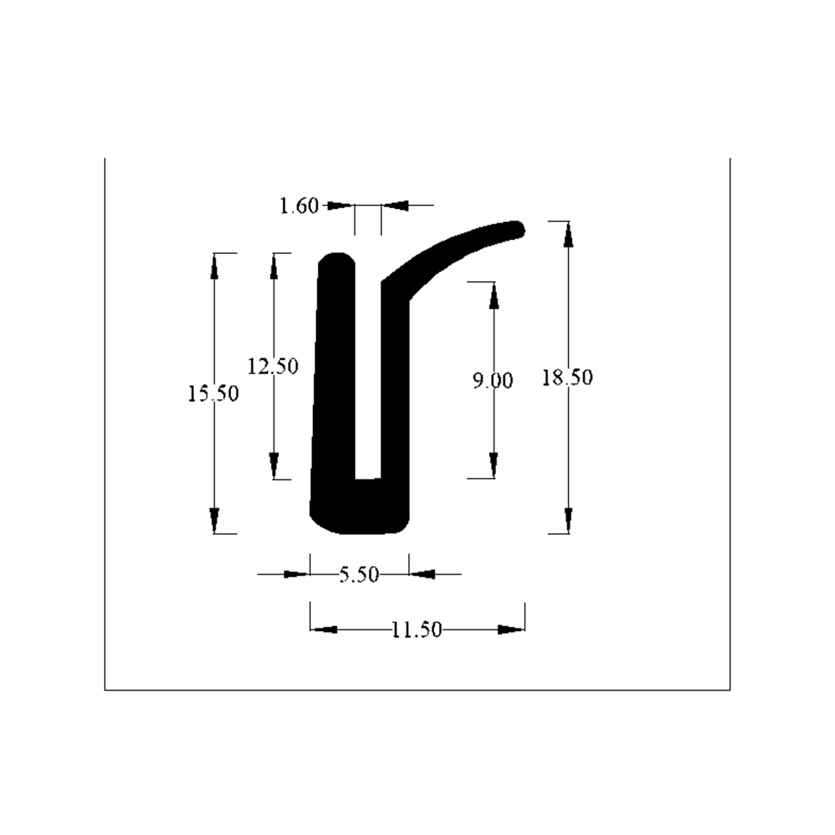 Cross-section diagram of channel-with-flange profile, overall height 18.50mm marked
