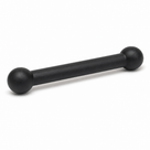 Black rubber double ended piping shown as a short dumbbell-shaped bar, studio shot