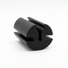 Angled end view of black rubber weatherstrip with twin hollow glazing bulbs
