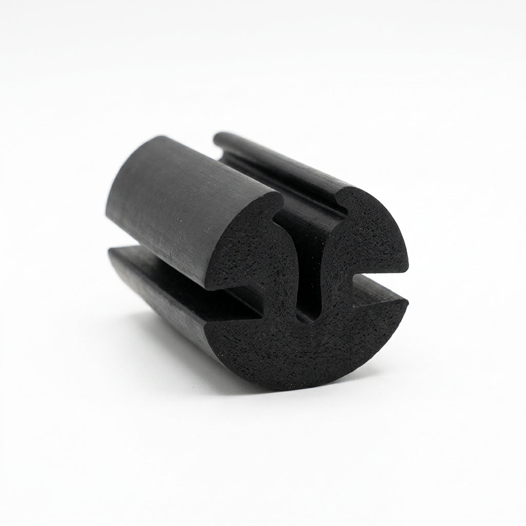 Angled end view of black rubber weatherstrip with twin hollow glazing bulbs
