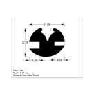 Cross-section diagram of twin-bulb weatherstrip, 15.00mm x 12.50mm, with specs