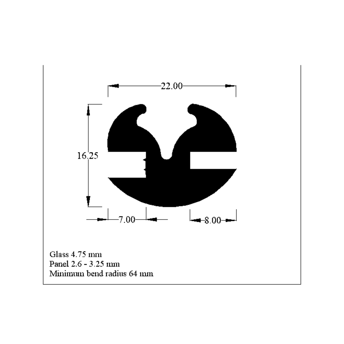 Cross-section diagram of glazing weatherstrip, 22.00mm x 16.25mm, with specs