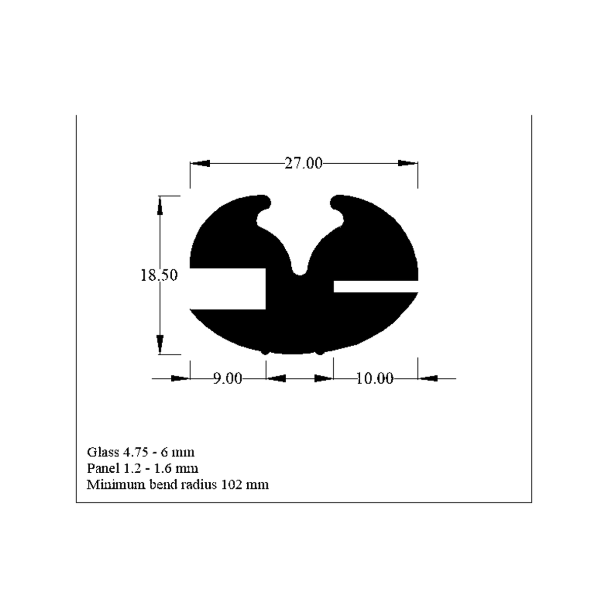 Cross-section diagram of the weatherstrip, 27mm x 18.50mm dimensions marked