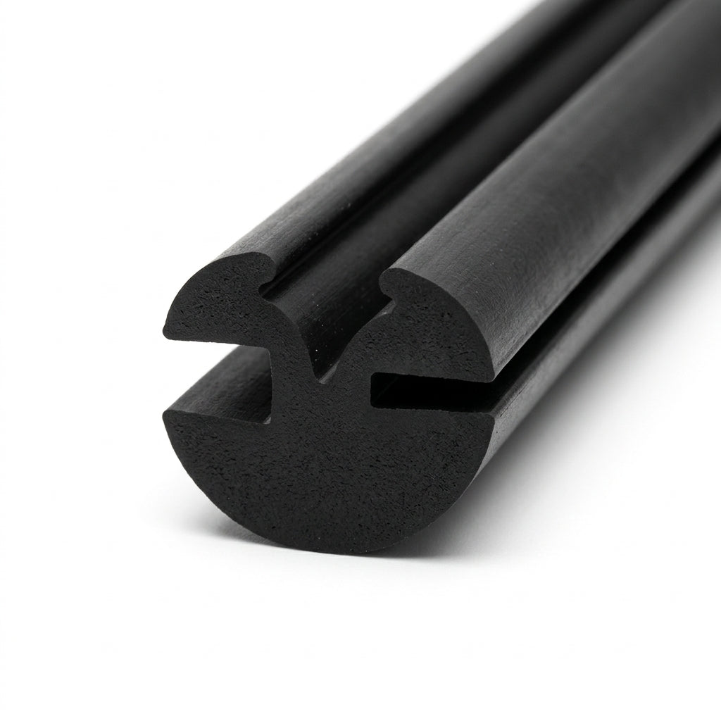 Black EPDM weatherstrip seal coiled, compact twin-bulb extruded profile