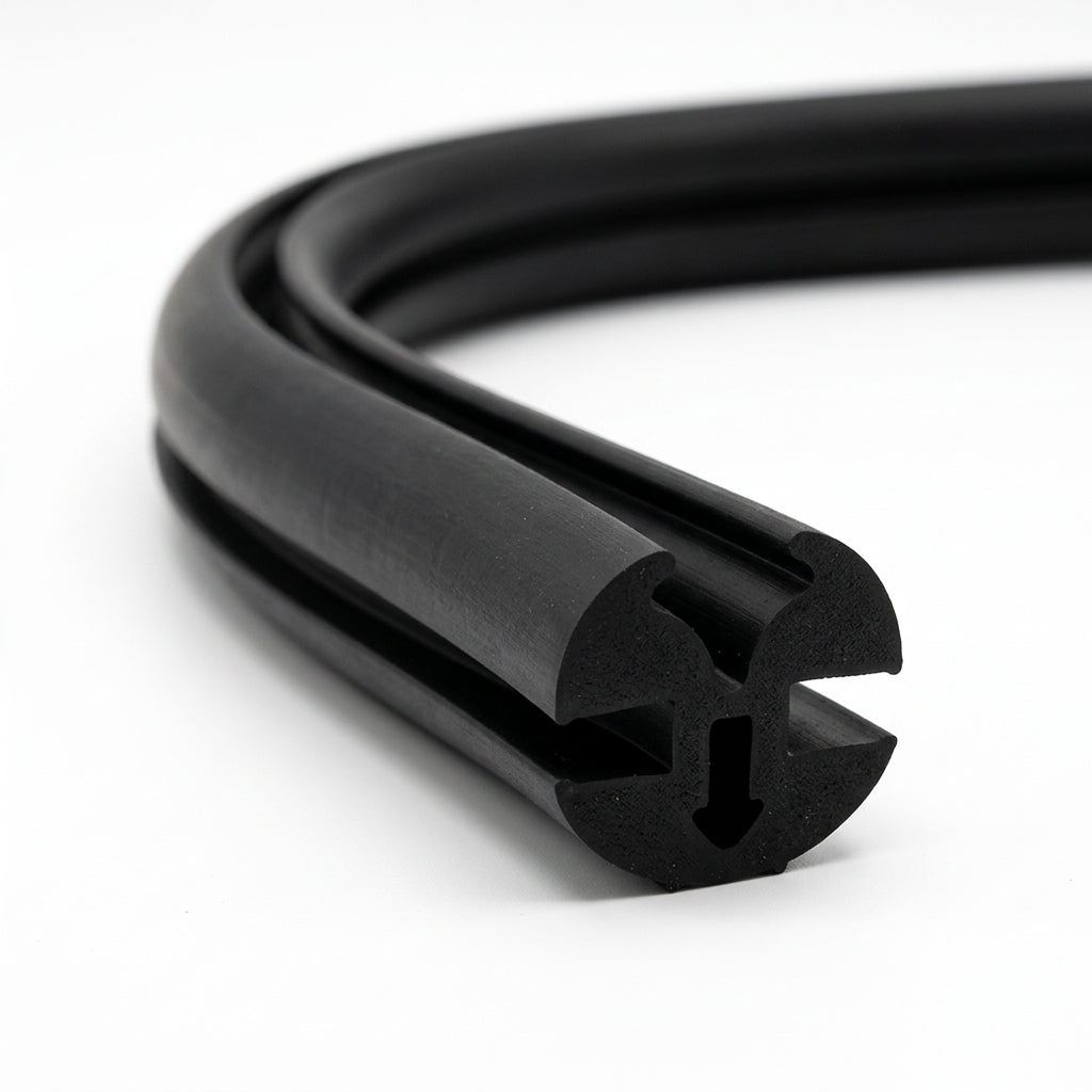 Black EPDM glazing weatherstrip coiled, showing the twin-bulb extruded profile