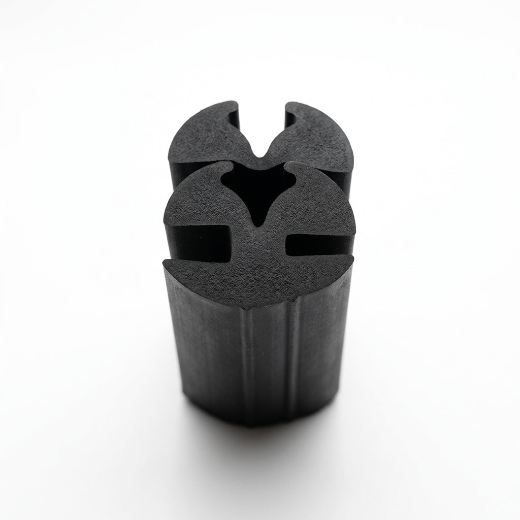 Black EPDM weatherstrip shown end-on, complex double-channel extruded profile