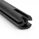 Black rubber weatherstrip length viewed end-on, twin glazing channels with centre web