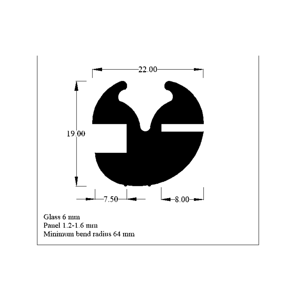 Technical diagram of weatherstrip seal profile, 22.00mm wide and 19.00mm tall