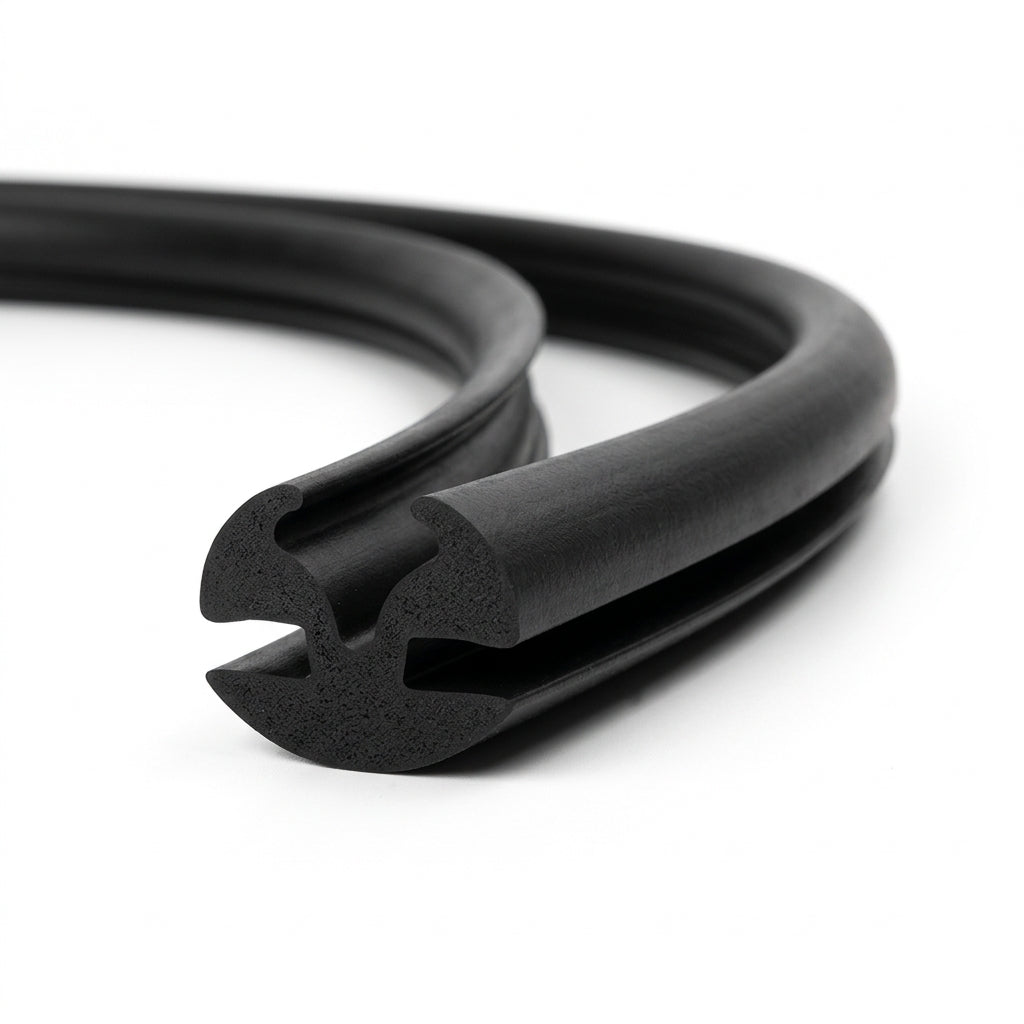 Black EPDM weatherstrip coiled, showing the twin-bulb extruded channel profile