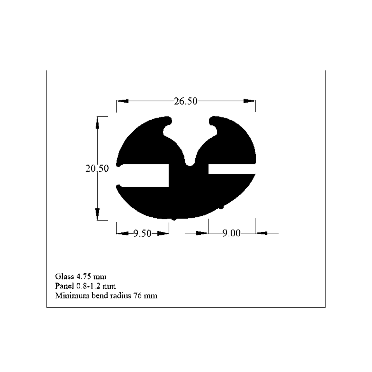 Cross-section diagram of the weatherstrip seal, 26.50mm x 20.50mm dimensions marked