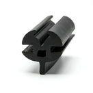 Angled end view of black rubber glazing seal with twin hollow bulbs