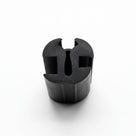 Straight-on end view of black rubber weatherstrip with twin glazing bulbs