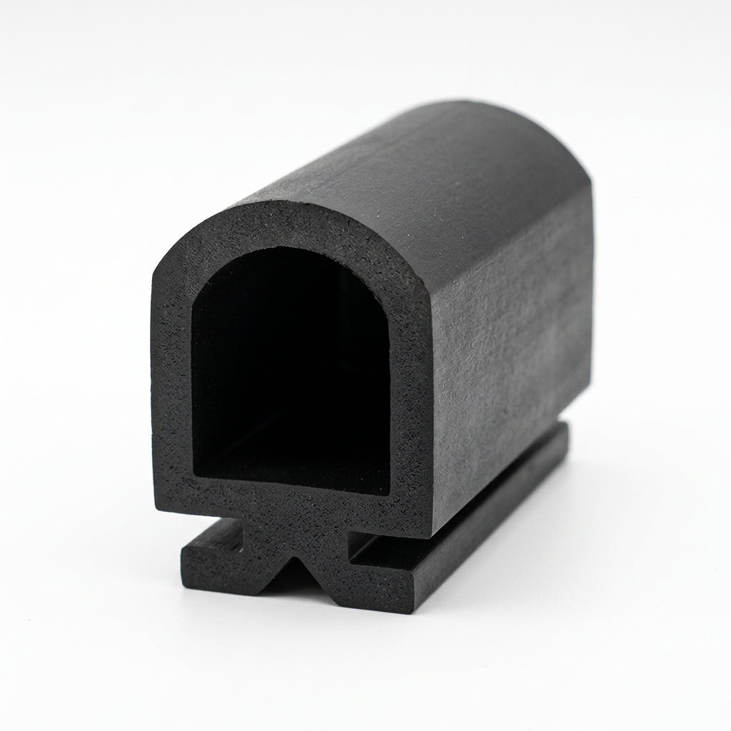 Angled studio shot of a large black EPDM D-section seal with a winged T-shaped mounting foot.